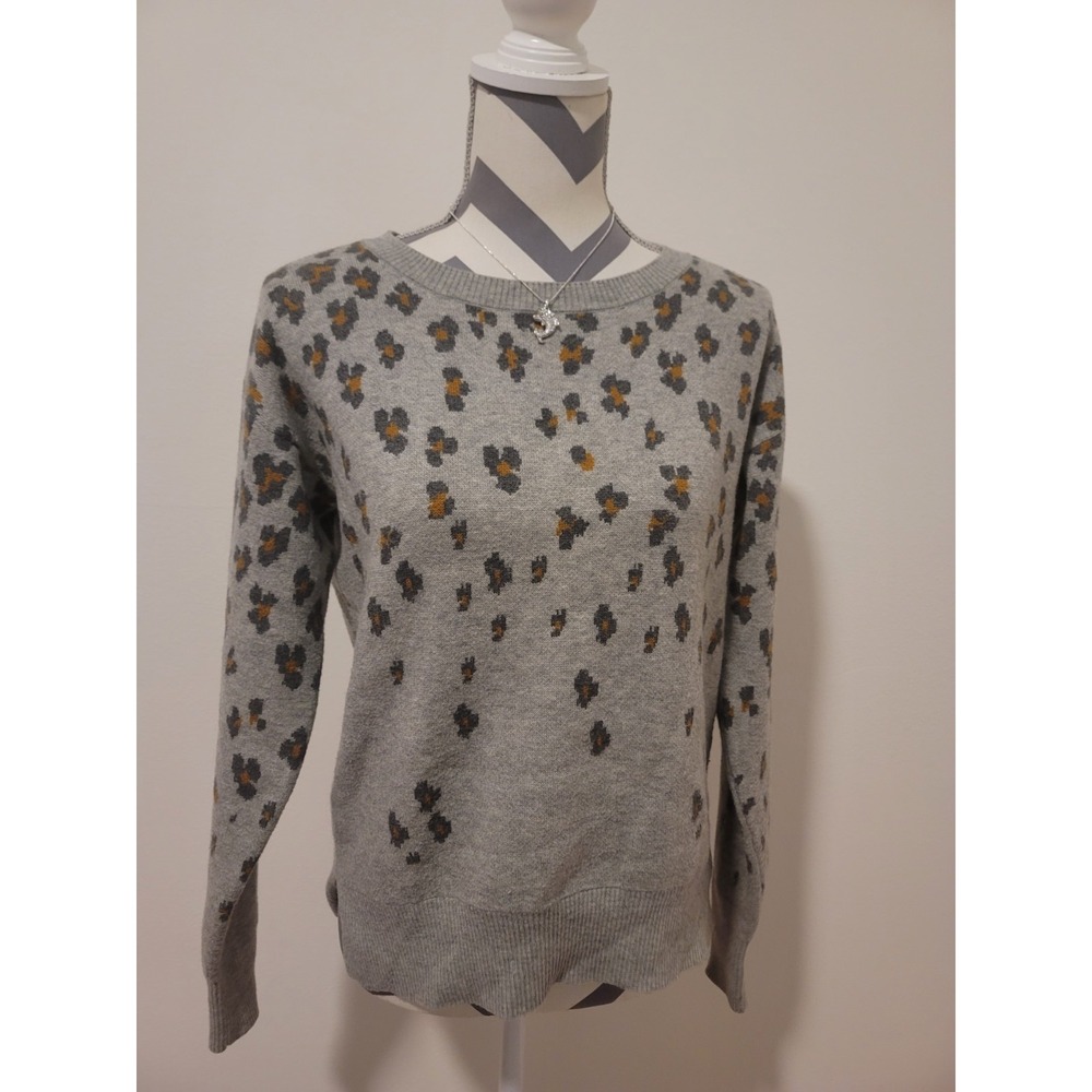 Gap Sz S Women's Leopard Animal Print Crewneck Sweater Gray Merino Wool Blend